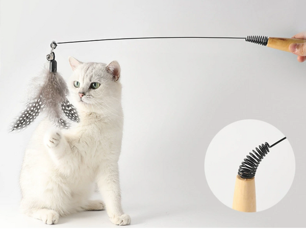 AMP503 木柄彈簧逗貓棒 羽毛鈴鐺替換頭 互動貓咪玩具