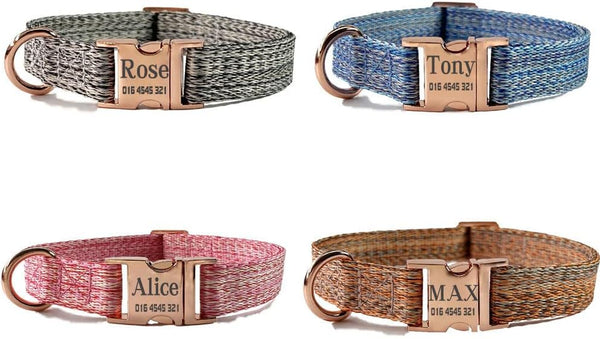 🎀客製狗圈-牽引繩套裝 仿麻布風 多尺碼 玫瑰金扣環(可刻名電話)
