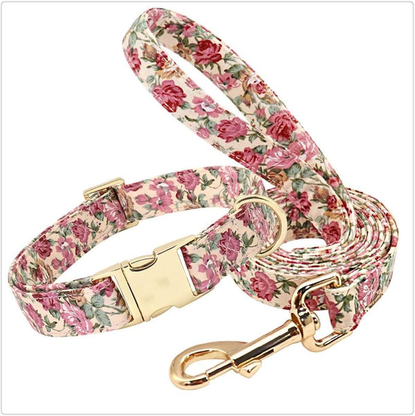 🎀客製狗圈-牽引繩套裝 花花布風 多尺碼 玫瑰金扣環(可刻名電話)(合25-60cm)