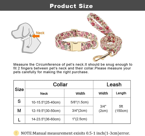🎀客製狗圈-牽引繩套裝 花花布風 多尺碼 玫瑰金扣環(可刻名電話)(合25-60cm)