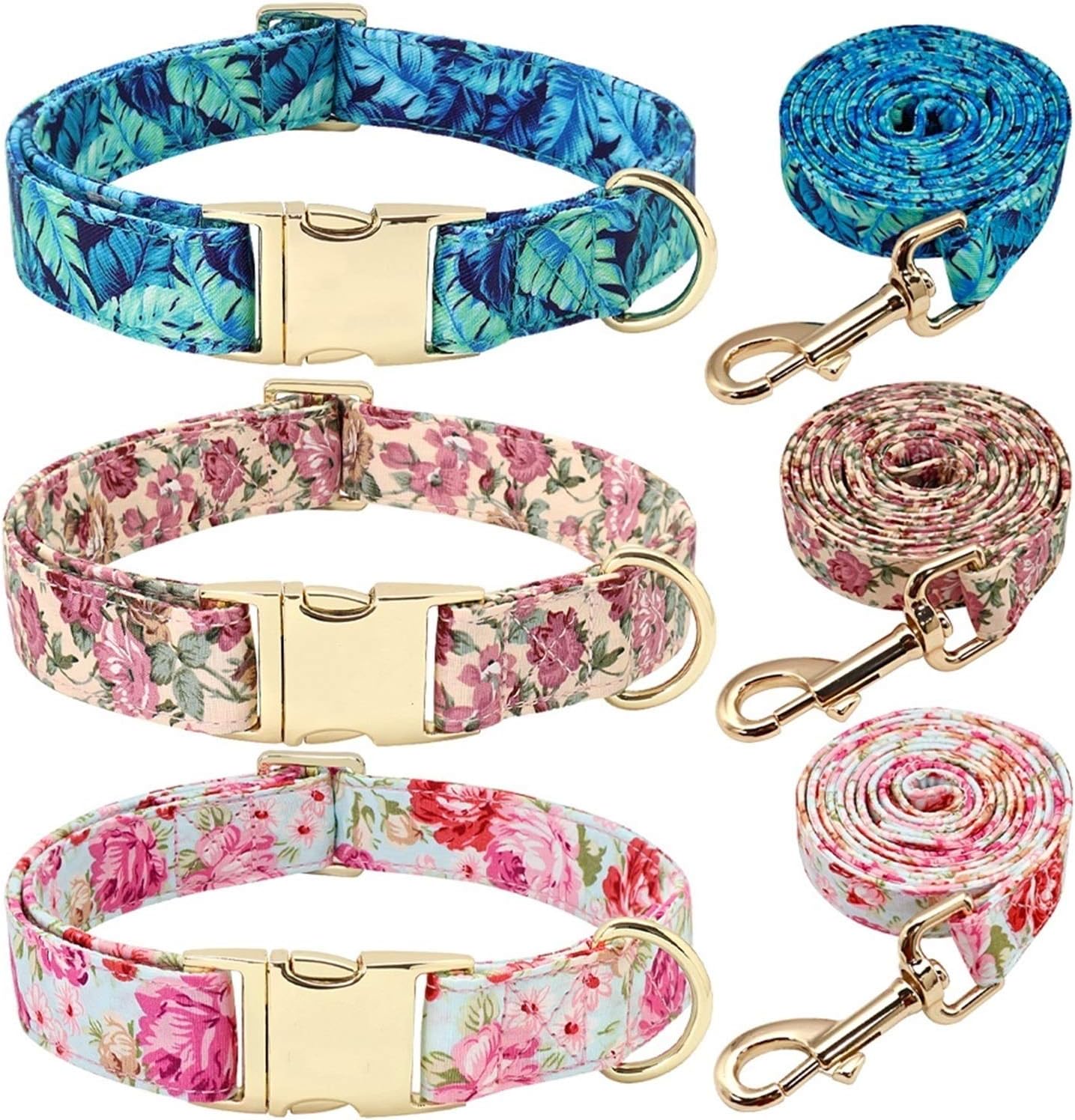 🎀客製狗圈-牽引繩套裝 花花布風 多尺碼 玫瑰金扣環(可刻名電話)(合25-60cm)