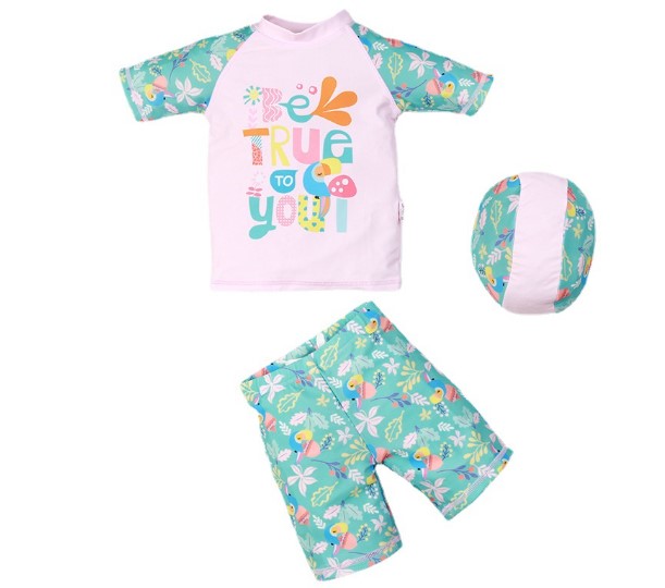 AMSW004P 短袖泳衣 Hali 套裝(附泳帽)-粉綠 100-140