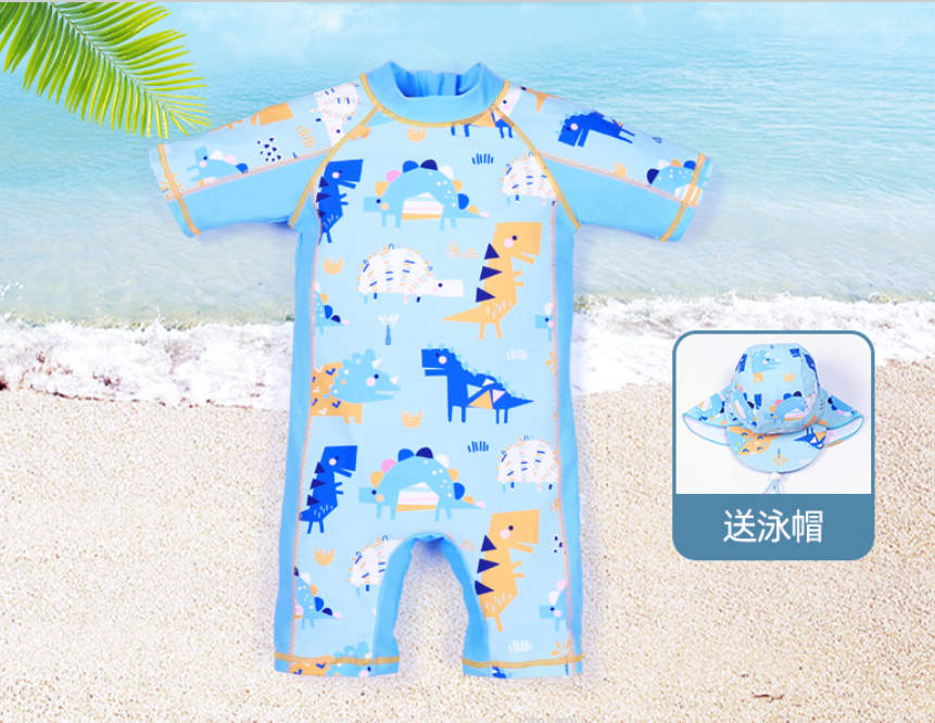 AMSW007B 粉藍恐龍連身泳衣(附送泳帽) 80-120