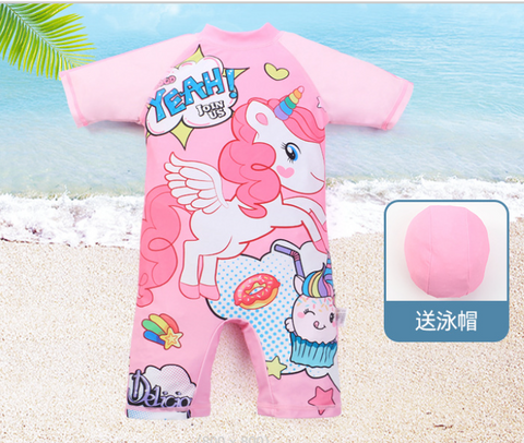 AMSW008P 粉紅獨角獸連身泳衣(附送泳帽) 80-130