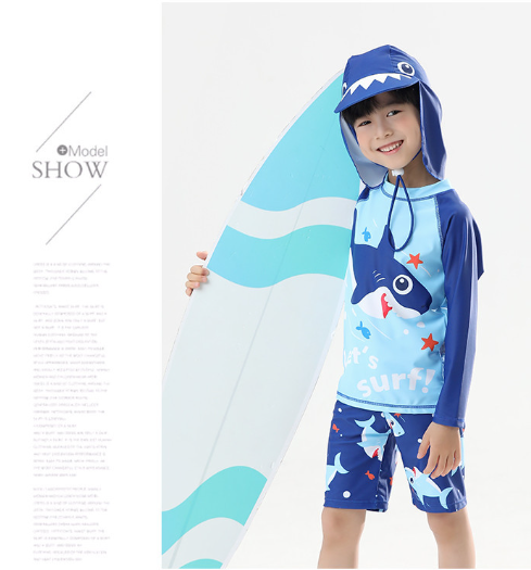 AMSW011B 開心鯊魚長袖分體防曬泳衣(送泳帽)  100-120