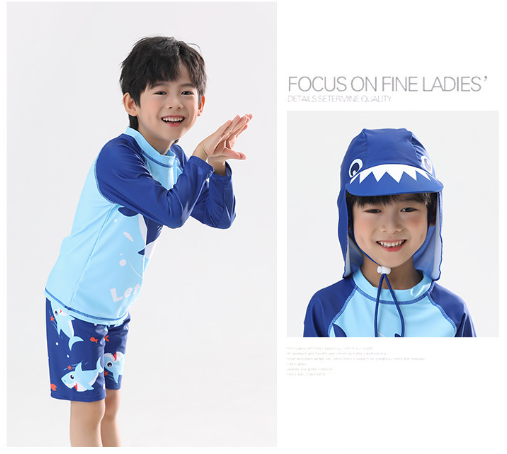 AMSW011B 開心鯊魚長袖分體防曬泳衣(送泳帽)  100-120