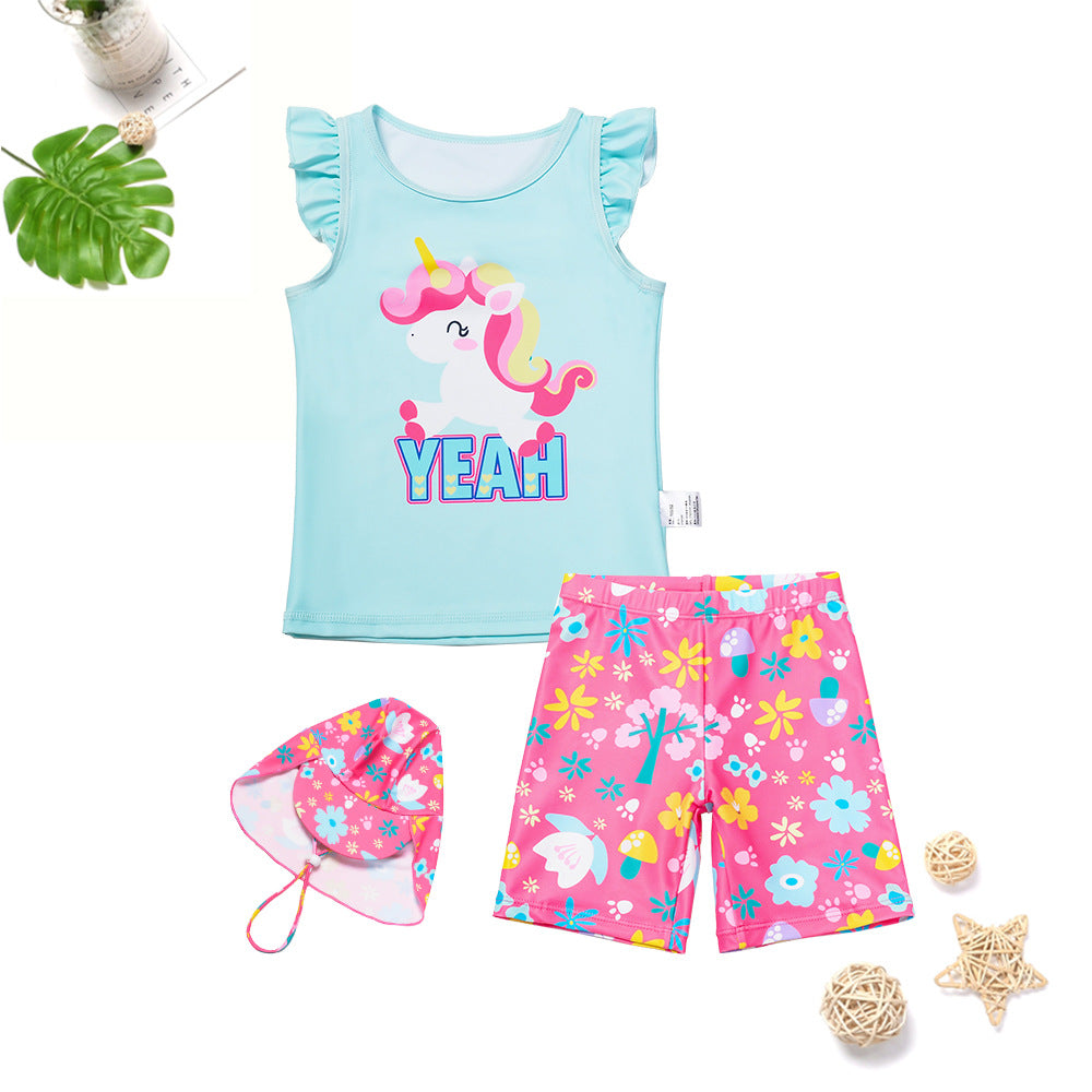 AMSW012A 獨角獸荷葉袖三件兒童泳衣套裝(100-120)