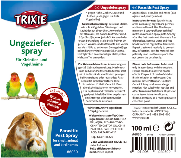 Trixie Parasite Spray Bird and Small Animal fleas, ticks, lice and mites小動物除蟲噴霧 100ml